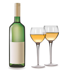 Bottle of white wine and two glasses. Vector illustration.