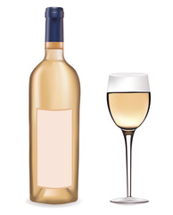 Bottle of white wine and a wine glass. Vector illustration.