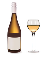 Bottle of white wine and a wine glass. Vector illustration.