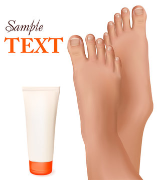 Beautiful young feet with body cream. Body care concept