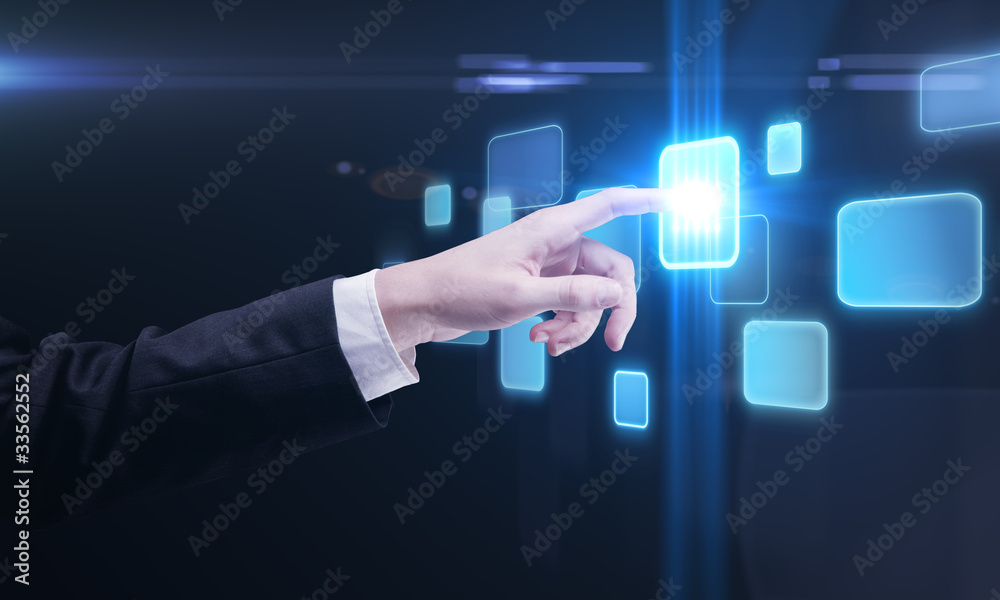 Aufkleber hand pushing a button on a touch screen interface