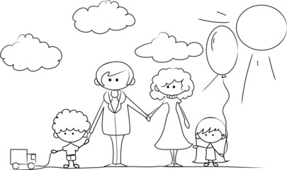 Счастливая семья, держась за руки и улыбается