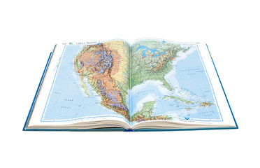 Fototapeta na wymiar World Atlas. Page opens with a map of the United States and Mexi