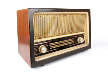antique radio player. Brown wooden radio player box speaker.