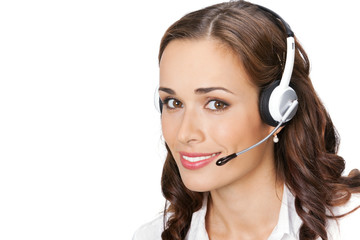 Young support phone operator in headset, isolated on white