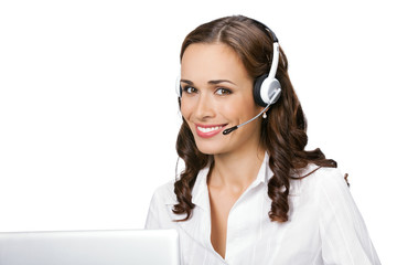 Young support phone operator in headset with laptop, isolated