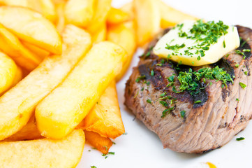 juicy steak beef meat with tomato and potatoes