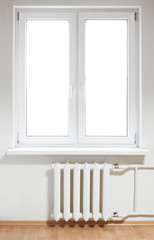 White plastic  window with radiator under. Isolated on white