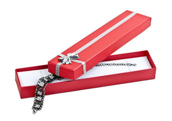 open red gift box with a necklace