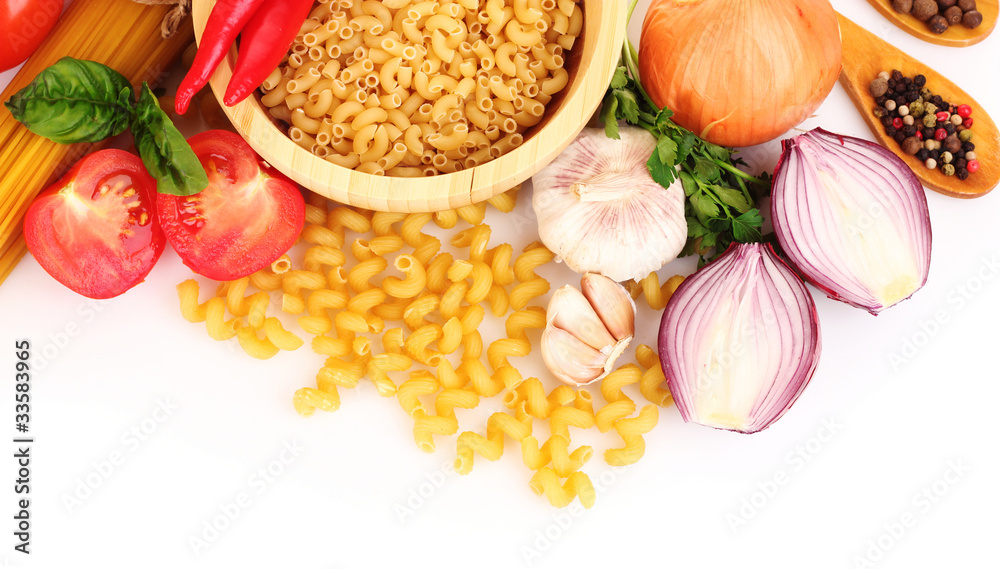 Wall mural pasta spaghetti with tomatoes, olive oil and basil on a white ba