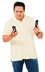 Man looking at mobile phones