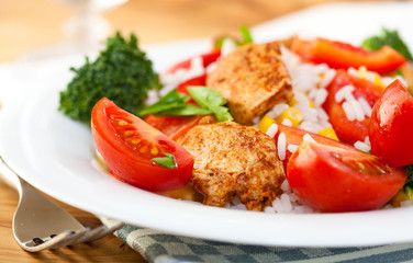 Chicken salad with rice and vegetables