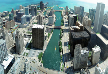Unique Chicago skyline panorama from 88th floor on Chicago river