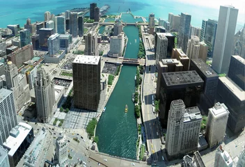 Zelfklevend Fotobehang Uniek skyline-panorama van Chicago vanaf de 88e verdieping aan de Chicago River © Mirma