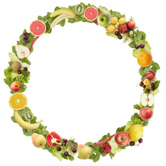 The round frame made of  fruits and vegetables
