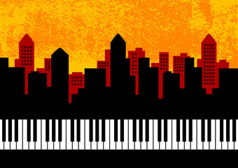 Silhouette of city with keyboard