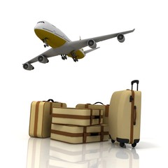 airliner and suitcases on white background