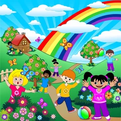 Muurstickers Regenboog Kinderen spelen op groene weiden-kinderen op groene weiden-vector