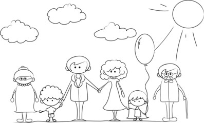 Счастливая семья, держась за руки и улыбается