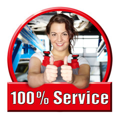 Car mechanic female shows thump up for excellent service