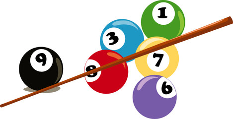 Billiard balls and cue