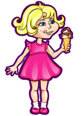 little girl in a pink dress with ice cream in hand