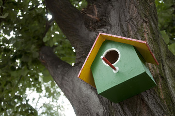Home-made bright colored bird house