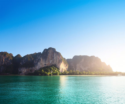 North part of the Railay beach - famous recreation place of the Thailand's south. View from a boat