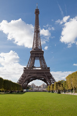 National landmark Eiffel tower through trees in Paris France