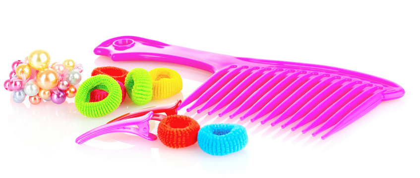 Hairbrush, barrette and Scrunchy isolated on white