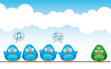 Blue birds making fun of a green bird