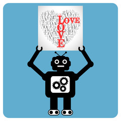Modern robot with  heart made of words "LOVE"