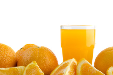 Orange juice and slices of orange isolated on white
