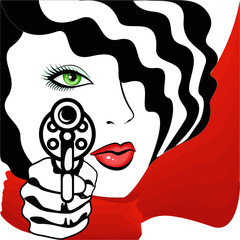 Illustration of lady with a red scarf holding a gun