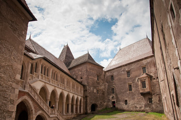 Courtyard of a Romanian fortified castle in a sunny day