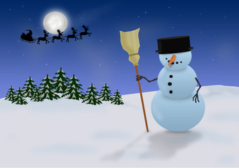 Snowman and Santa - Christmas background - obrazy, fototapety, plakaty