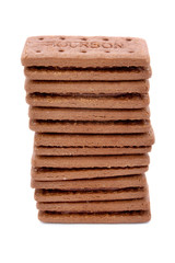 Tower of chocolate cream filled biscuits over white