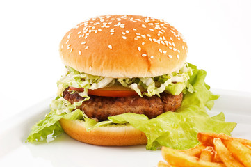 Hamburger with bread close up.
