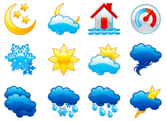 set weather icons of  thunder-storm, rain, snow, tornado, sun