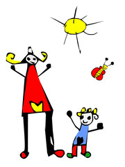 Fototapeta premium Happy time: kid drawing of mom and daughter