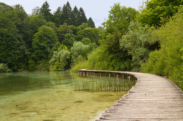 Fototapeta na wymiar Wooden walkway at the lake.