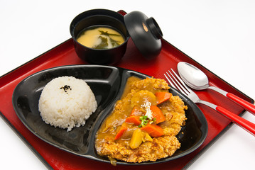Bento, Japanese food style , fried chicken and  rice and soup