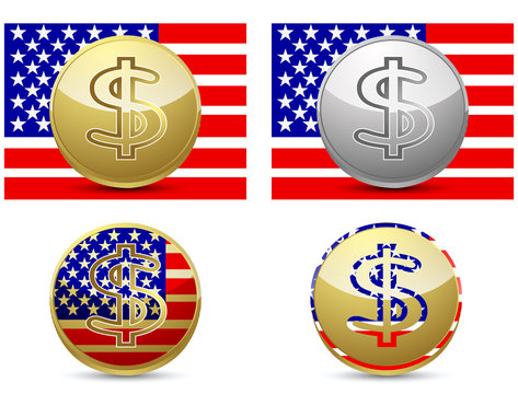 set of fake gold silver bronze coins isolated on usa flag