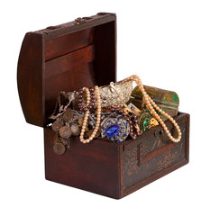 wooden treasure trunk with jewellery