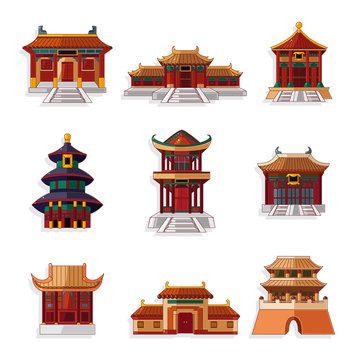 Cartoon Chinese House Icon Set.