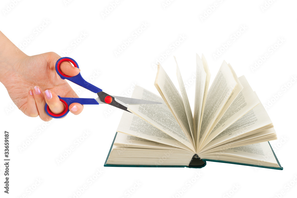 Sticker Hand with scissors cutting book