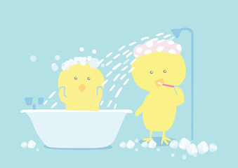 Chicken little taking a shower