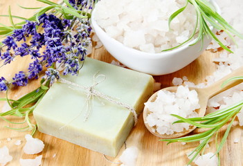 Herbal Soap, Sea Salt and Lavender Flowers Spa Still Life
