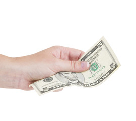 Hand holding money dollar isolated on white background