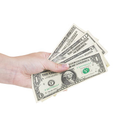 Hand holding money dollars isolated on white background